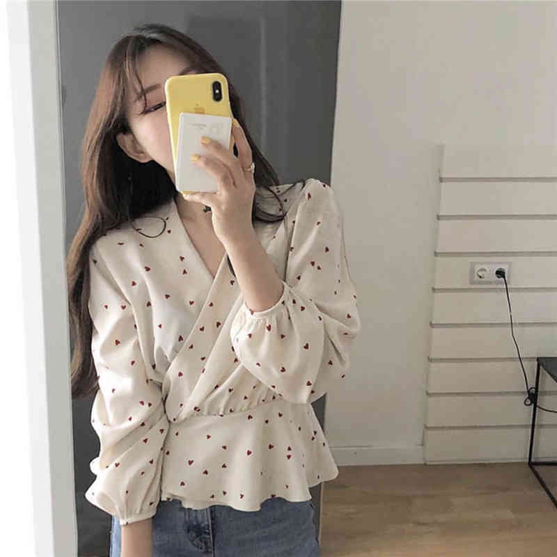 plus size Girls Long Sleeve Summer Shirt V neck Black apricot Shirts Womens Tops and Blouses Print Chiffon Blouse Women 210417Z