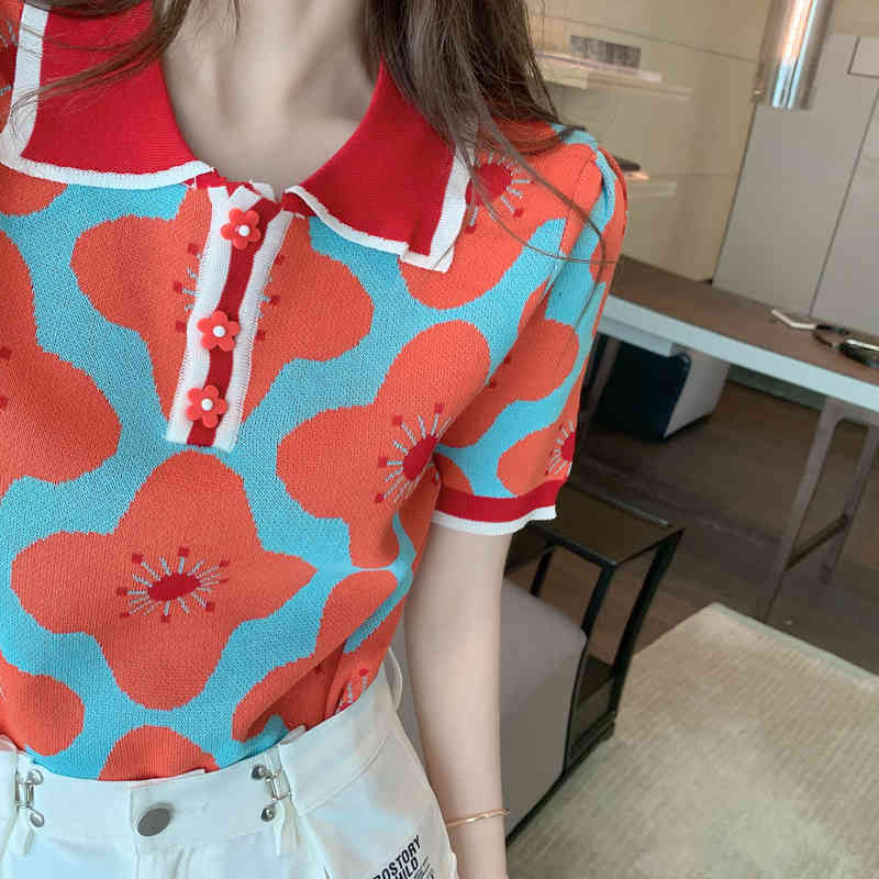 Korea Chic Summer Temperament Elegant Sweet Flowers Turn Down Collar Short Sleeve Pullover Knitted Sweaters Women's Tops 210518
