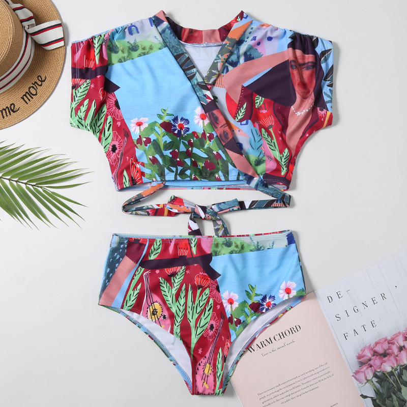 Sexy Short Sleeve Crop Tank Top Bikini Set High Waist Swimwear Women Swimsuit Cat Print Bathing Suit Beach Wear Swim 210520