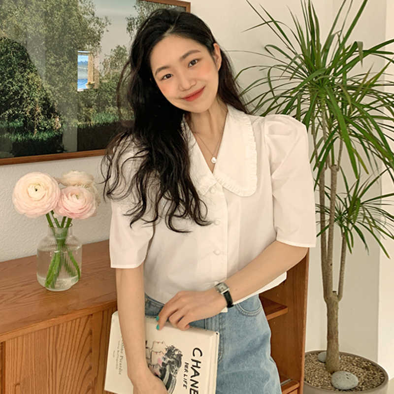 Korejpaa Women Shirt Summer Korean Chic Simple Doll Collar Wooden Ear Stitching Loose Single-Breasted Puff Sleeve Blouses 210526