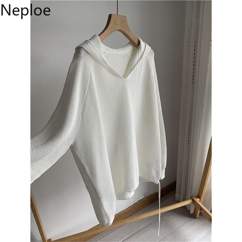 Neploe Hooded Sweater Women Spring Thin Simple Knit Pullovers Casual Hollow Out Korean Loose White All Match Jumper Tops 4H765 210422