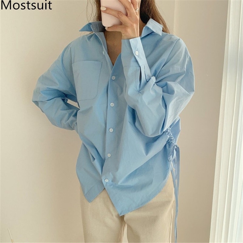 Autumn Korean Fashion Women Blouses Shirts Long Sleeve Turn-down Collar Drawstring Loose Casual Solid Blusas Tops 210518, White
Autumn Korean Fashion Women Blouses Shirts Long Sleeve Turn-down Collar Drawstring Loose Casual Solid Blusas Tops 210518, White