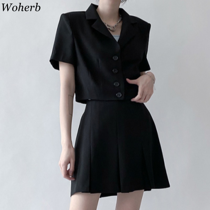 Korean Black Suit 2 Piece Set Women Short Sleeve Coat Rops Slim Mini Skirt Femme Roupas Office Lady Two 210519