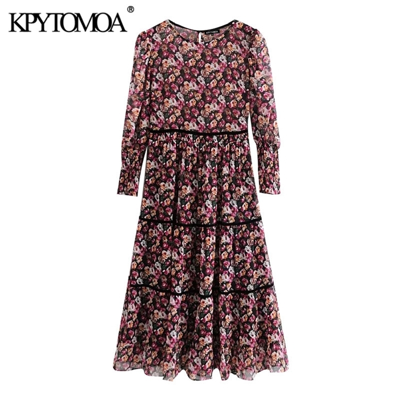 Women Fashion Patchwork Floral Print Chiffon Midi Dress Long Sleeve With Lining Female Dresses Vestidos 210420