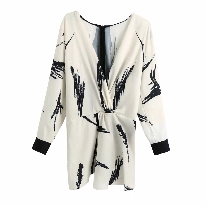 Women V-Neck Knotting Decoration Printed Shirt Femme Long Sleeve Blouse Casual Lady Loose Tops Smock Blusas S8068 210430
