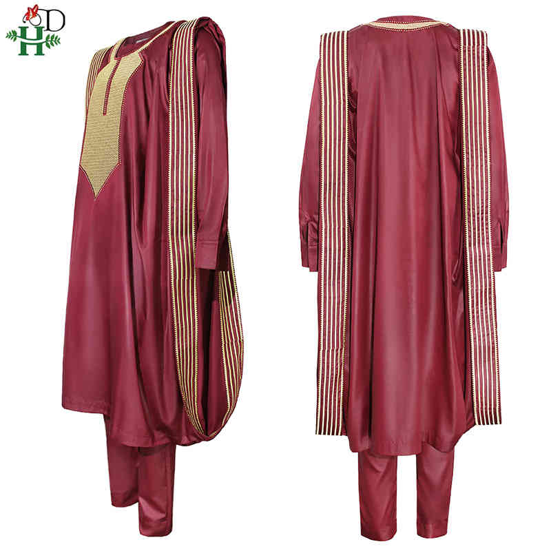 H&D African Agbada Suit For Men Embroidered Robes Dashiki Cover Shirt Pants 3 PCS Set Boubou Africain Homme Musulman Ensembles 210408