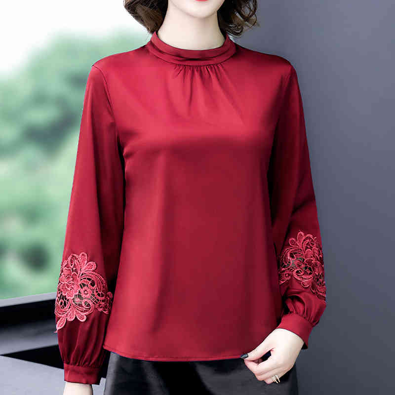 Fashion Solid Silk Shirt Women Embroidery Office Lady Long Sleeve Plus Size Blouse and Tops Blusas Mujer 8501 50 210508