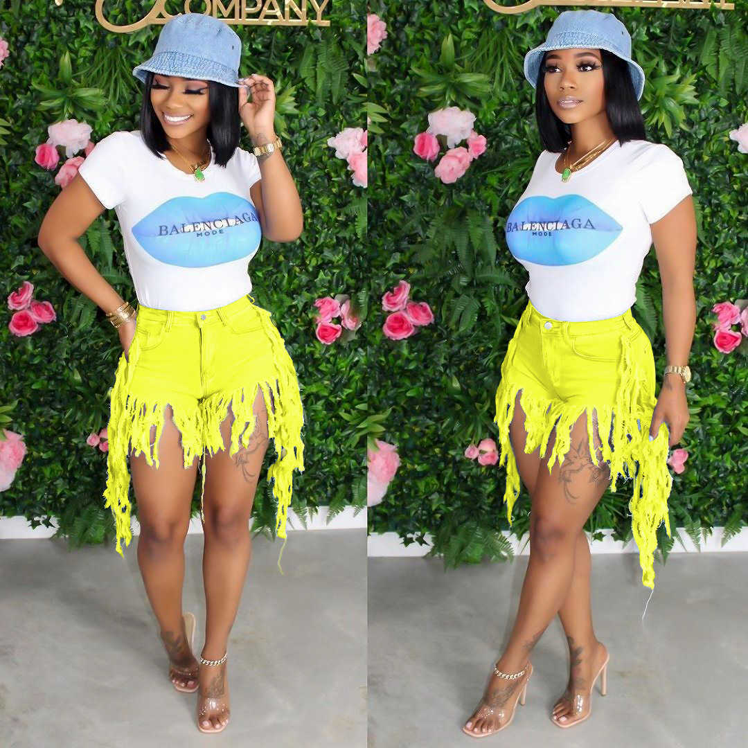 Tassel Denim Shorts Women Elastic High Waist Sexy Rave Short Jeans Casual Biker Streetwear 210714