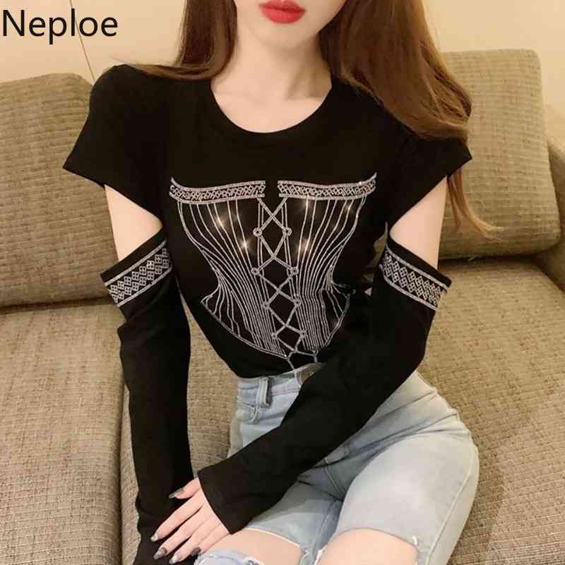 Neploe Chic Shirts Women Bling Miamonds Hollow Out Tshirts O-neck Long Sleeve Tees Slim All-match Korean Female Tops 95163 210422