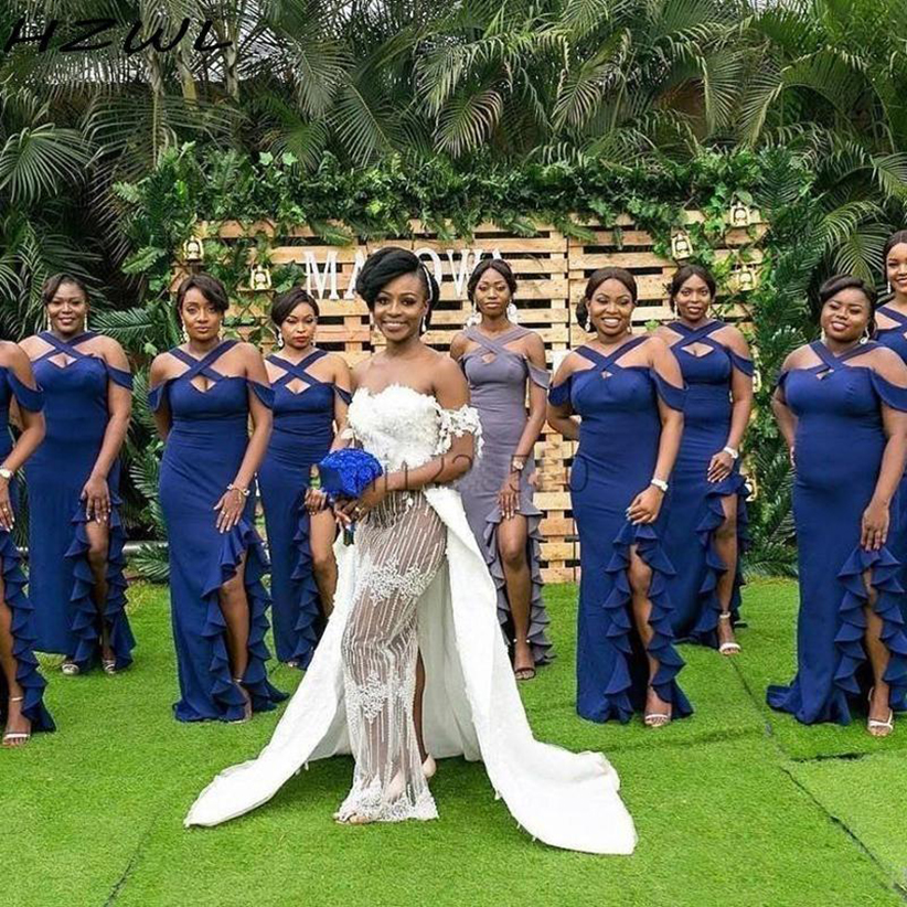 2021 African Mermaid Bridesmaid Dresses Side Split Criss Cross Straps Ruffles Plus Size Maid of Honor Dress Navy Blue Wedding Guest Gowns
