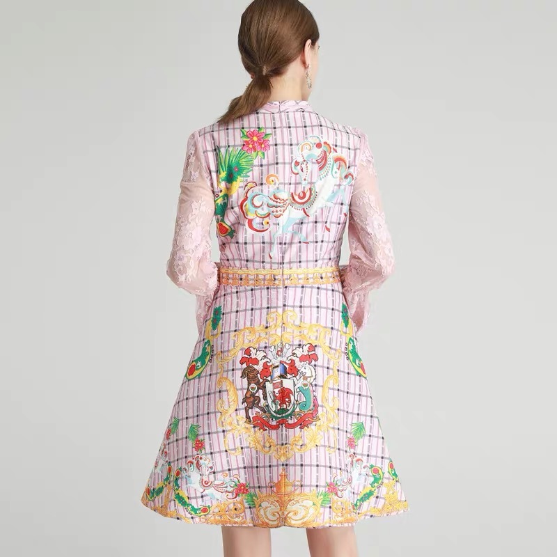 spring summer lace long sleeve pink mini A-line dresses for women cute printed bow plaid dress vestidos mulher 210421