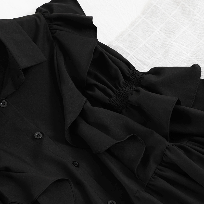 LoveFlowerLife Spring Autumn Solid Turndown Collar A Line Dress Slim Sexy High Waist Mid-Calf Women Dresses 210521