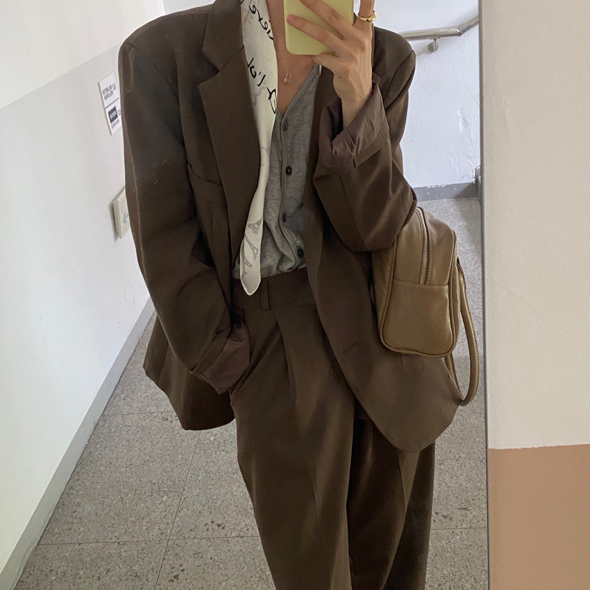 Fashion Vintage Blazer Pants Suit OL Elegant Business Wear Blazers + High Waist Wide Leg Suits 2 Piece Set 210421