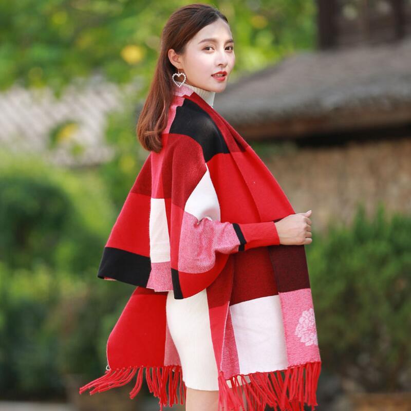 Female Autumn And Winter Large Plaid Shawl Dual-use Cloak Tassel Double-sided Jacquard Bat Sleeve Sweater Jacket 210427