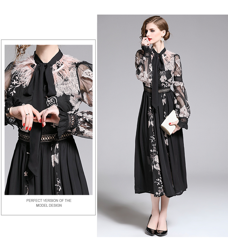 High Quality Bow Flower Embroidery Women Waist Slim Dress Vestidos Vintage Spring Elegant Fashion Robe 210519