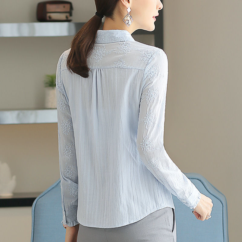 100% Cotton White Blouse Spring Autumn Office Lady long sleeve Turn-down Collar Women Shirts Embroidery Ladies Tops Bluse D197 210512