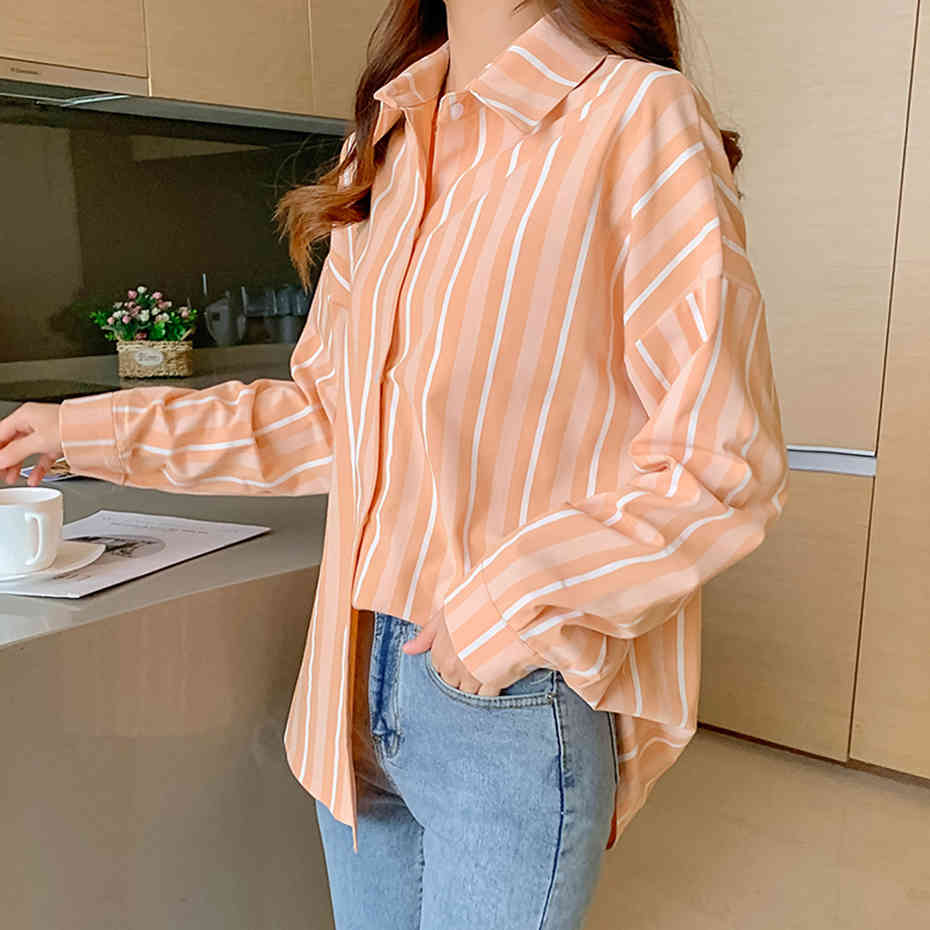 2XL Korean Large Size Vertical Striped Shirt Women Spring Autumn Retro Long Sleeve Work Shirt Elegant OL Blusa Plus Size 210412