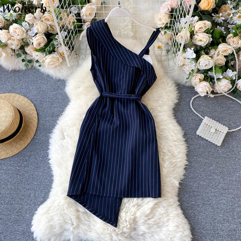 Fashion Robe Women High Street A-line Dress Summer V Neck Sleeveless Striped Patchwork Irregular Dresses Slim Vestidos 210519