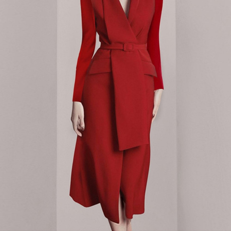 high quality temperament business elegant vestido da festa Autumn Winter Korean OL belt waist Notched Long sleeve Red dress 210519