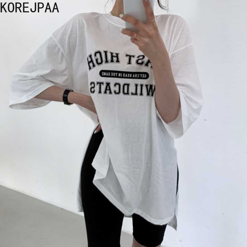 Korejpaa Women T-shirt Summer Korean Fashion Chic Round Neck Loose Letter Print Side Split Short Sleeve Long Ladies Tee 210526, White
Korejpaa Women T-shirt Summer Korean Fashion Chic Round Neck Loose Letter Print Side Split Short Sleeve Long Ladies Tee 210526, White