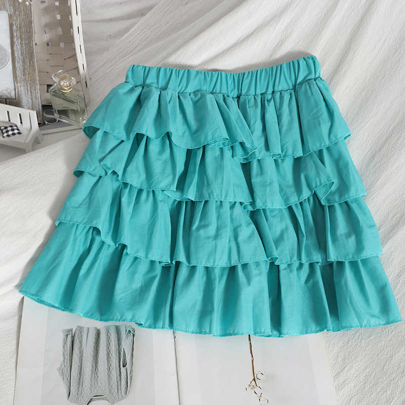 Korean Sweet Layered-ruffle Woman Skirts High Waisted A-line Mini Skirt Summer Causal Solid Mujer Faldas 6H548 210603
