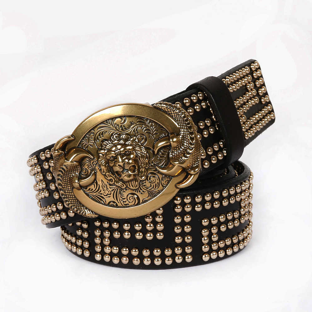 Pkks new head leather men's casual gold rivet smooth buckle belt, Black