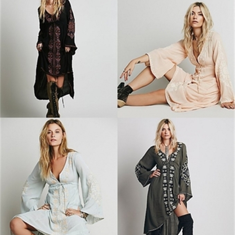 Women Vintage Ethnic Flower Embroidery Cotton Linen Tunic Casual Long Dress Hippie Boho People Asymmetric 210520