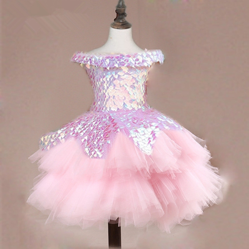 2021 Flower Girl Dress Children Wedding Bridemaid Mermaid Dresses Kids Pink Tutu Sequin Gowns Girl Boutique Party Wear Elegant Frocks