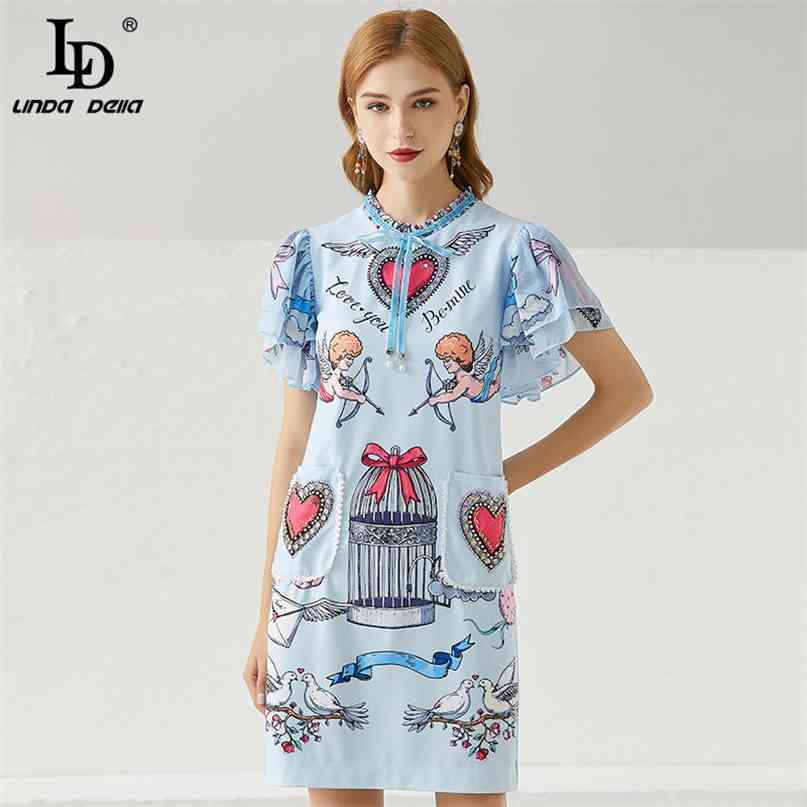Summer Women Vintage Mini Dress Fashion Runway Ladies Bow tie Pockets Beading Print Slim Straight 210522