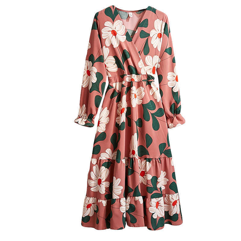 V-Neck Printed Floral Dress Women Elegant Party Beach Korean Ladies A Line Vestidos Spring Autumn 210601