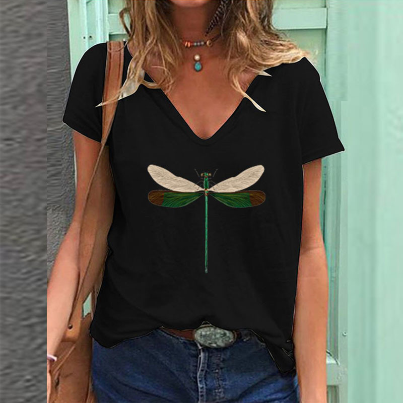 Women's Summer Fashion Printed Dragonfly V Neck T Shirt Female Plus Size Loose Short Sleeve Tops S-3X 210406