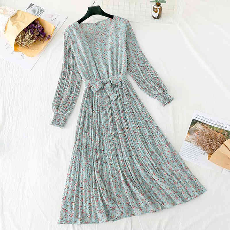 Spring Summer Women Pleated Chiffon Dress Floral Print Vintage O-neck Bow Midi Dress Elegant Party Long Sleeve Vestidos 210521