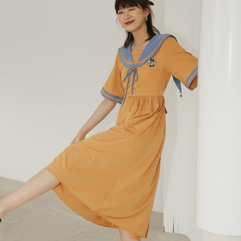 Women Summer Orange Dress Sailor Collar Short Sleeve Large Size Fit Lady Fashion Arrivals 2H074 210526