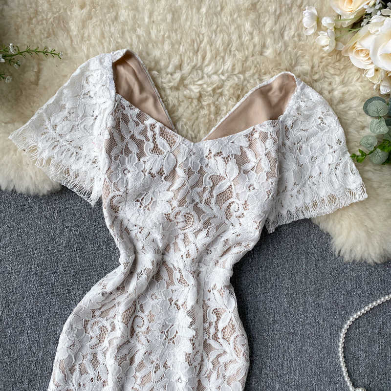 Women's Court Square Neck High Waist Thin Lace Dress Lady Short Sleeve Elegant Vintage Vestidos K328 210527