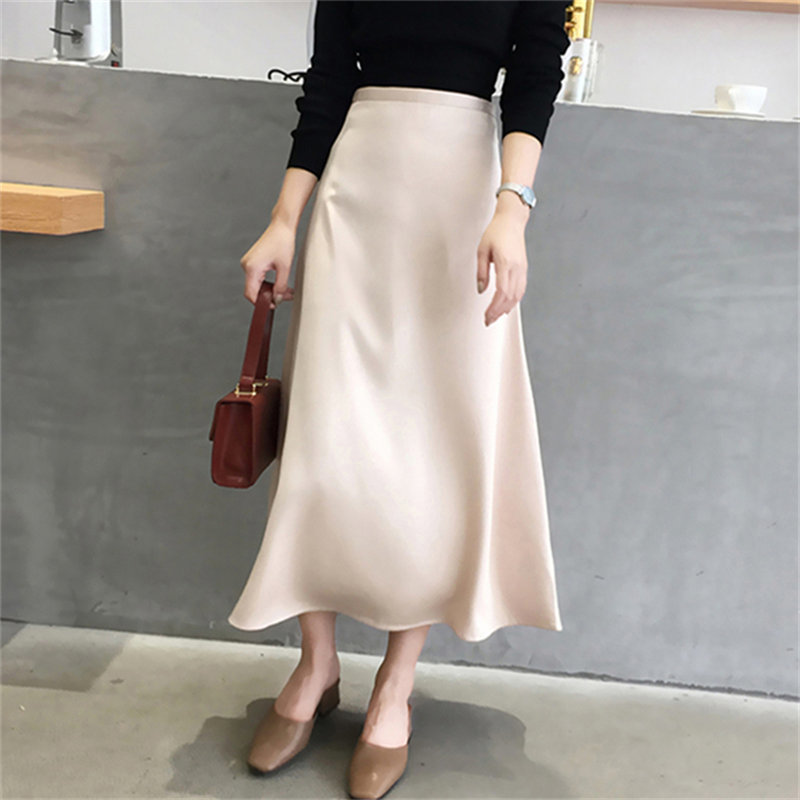 Vintage Solid High Waist Retro Skirt Satin Female Streetwear Plus Size Fashion OL Elegant Long Skirts 210421