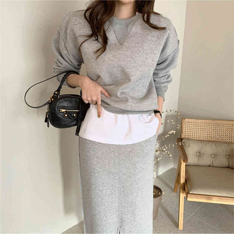 Colorfaith New Autumn Winter Women Sets Two Pieces Pullovers And Skirts Split Pockets Minimalist Style Ladies Sets WS9807 210413