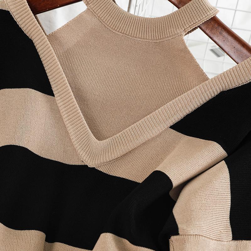 2PCS Set Women Knitted Pullovers Sweater Halter Stripe Knit Jumper Tops + Wide Leg Long Pants Suits Tracksuits 210506