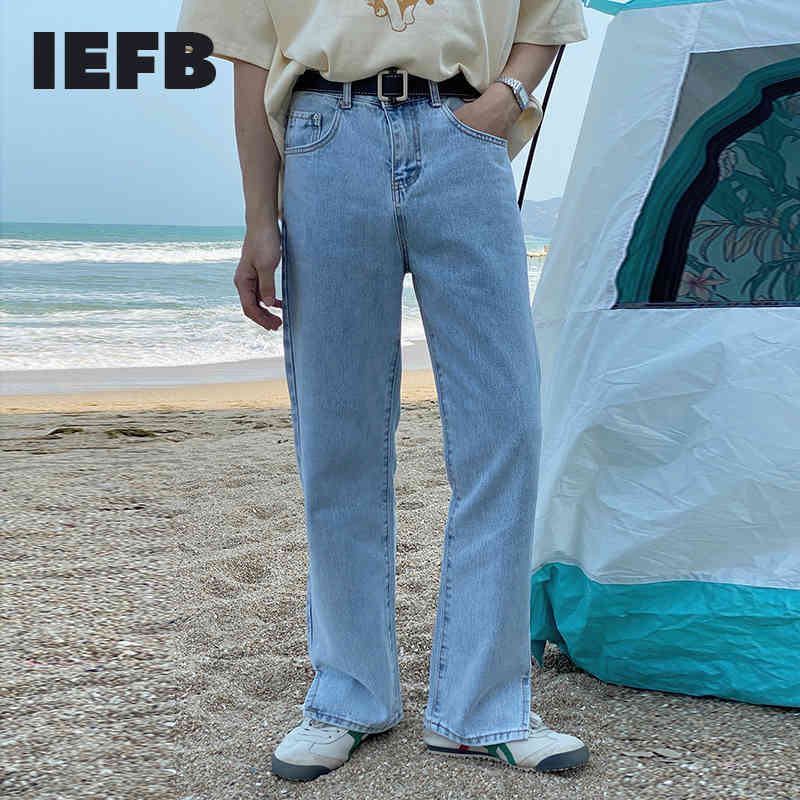 IEFB Summer Thin Split Bottom Blue Jeans Korean High Waist Slim Straight Leg Drop Feeling Floor Long Pants Denim 9Y7407 210524