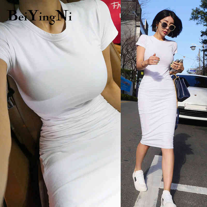 Women's Cotton Skinny Casual T-shirt Dress Korean Style Solid Color Plain White Black Gray High Elastic Bodycon 210506