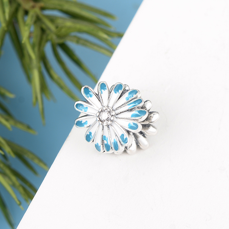 Authentic 925 Silver Fit Original Pan Charm Bracelet Pink Blue Enamel Daisy Flower Blooming Bead For Making Women Berloque