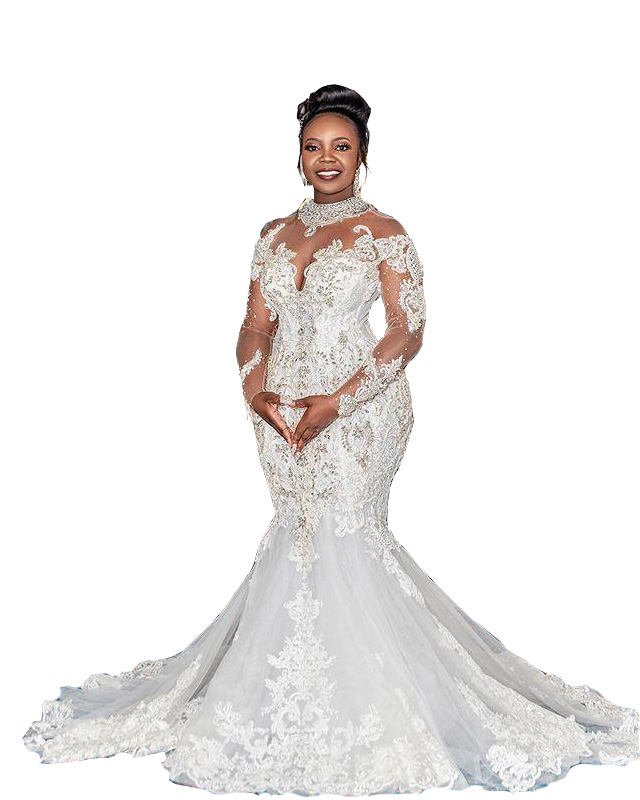 Sexy Bling African Mermaid Wedding Dresses High Neck Sheer Long Sleeves Lace Crystal Beading Bridal Wedding Gowns Elegant Rob