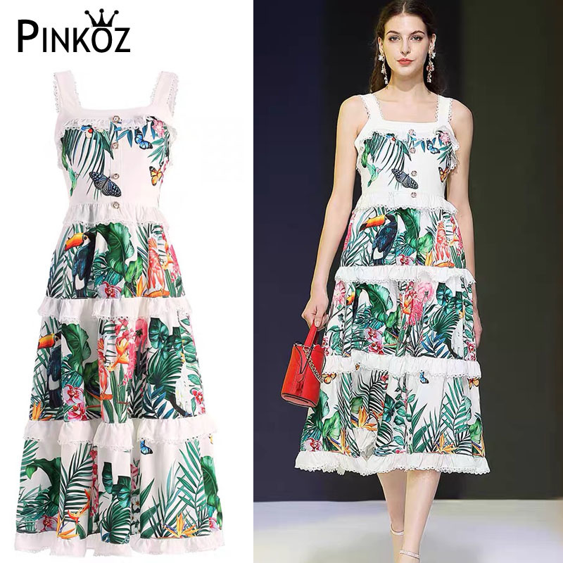 summer dress flower lace ruffles spaghetti strap midi beach party birthday green dreess women robe 210421