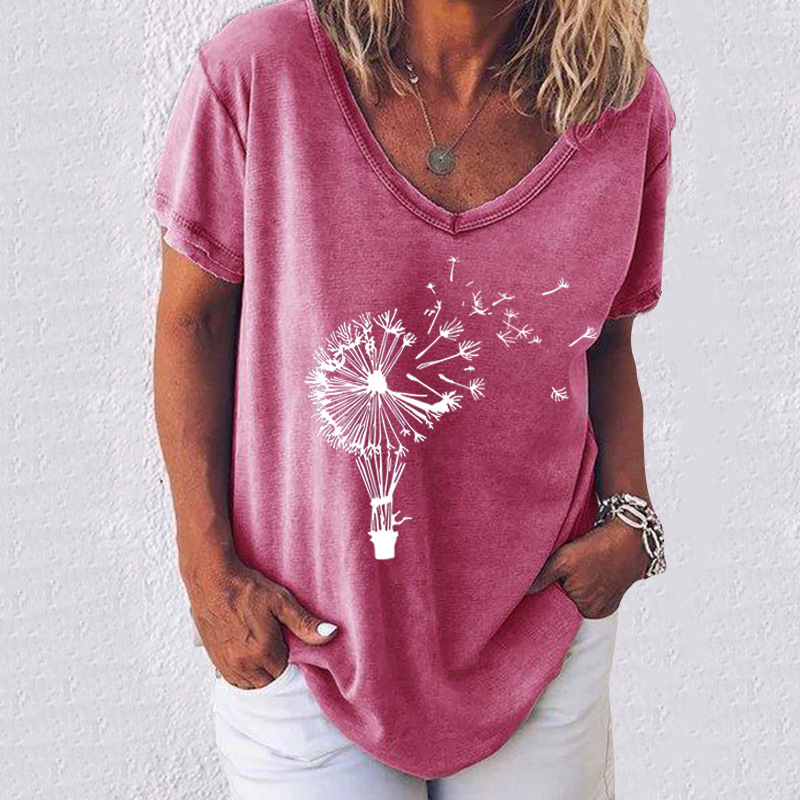 Plus Size Women Dandelion Print T-shirts Casual V-Neck T-shirt Solid Color Short Sleeve Tops Summer Elegant Lady Pullover 5XL 210515