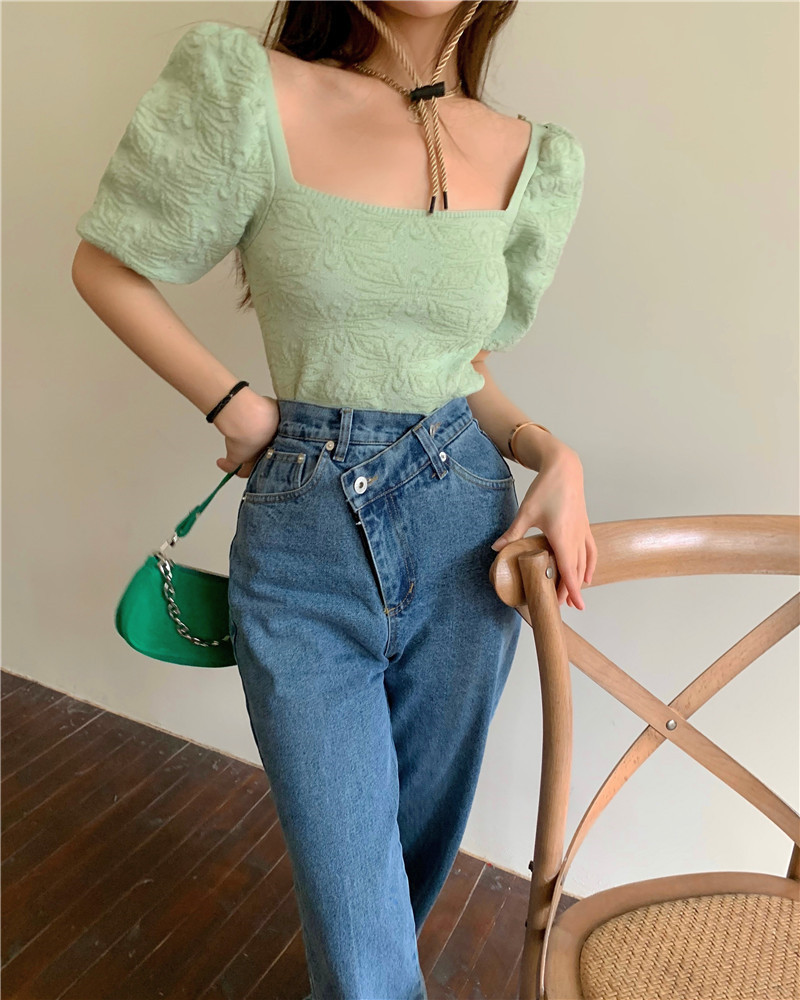Square Collar Vintage Knitted T-shirt Women Korean Chic Floral Jacquard Puff Sleeve Summer Thin Knitwear Crop Top Tshirts 210519