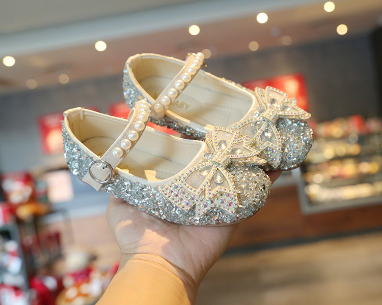 Children Sneakers Bowknot Middle Small Girls' Leather Cute Pearl Student Performance Kids Shoes