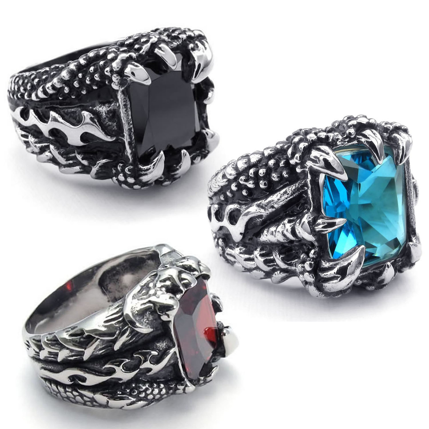 Vintage Men Stainless Steel Solitaire Ring Dragon Claw Square CZ Cubic Zirconia Band Biker Gothic