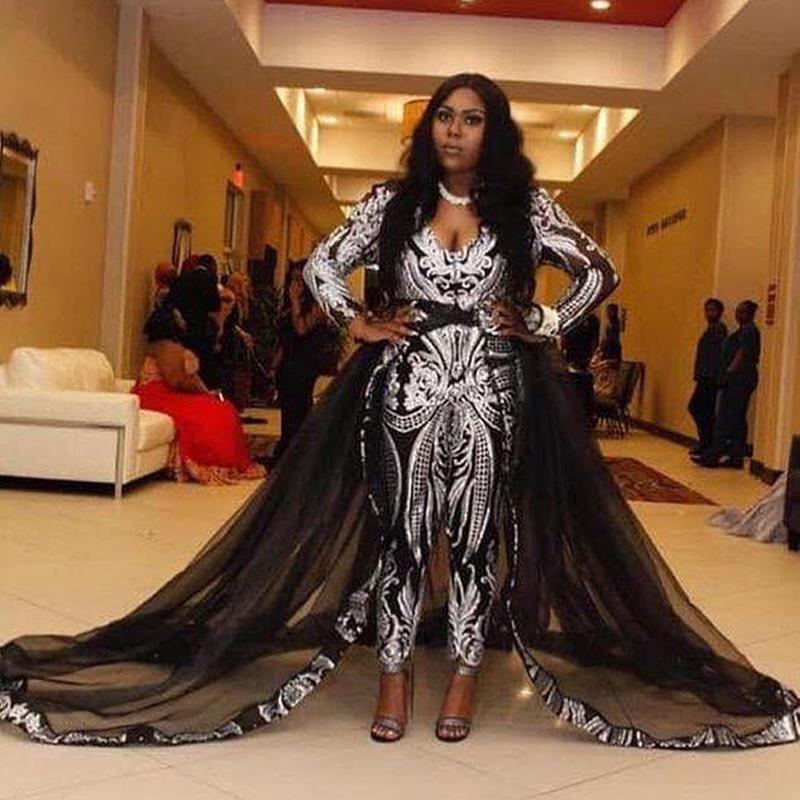 Chic African Black And White Jumpsuits Evening Dresses For Women 2024 Deep V Neck Long Sleeves Gliiter Sequins Appliques Prom Dress With Detachable Sk