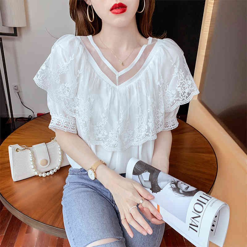 Front and Back Two Wear Summer Sweet Blouse V-neck Temperament Loose Ruffled Lace Short Sleeve Blouses Women 14288 210506
