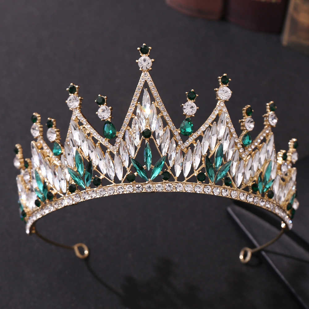Trendy Green Crystal Rhinestone Baroque Vintage Tiara And Crowns For Queen Princess Bridal Wedding Hair Accessories Gift Jewelry H0827
