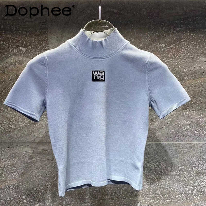 Slim-Fit Knited Tshirts for Women Summer Print Letter Pullover Short Sleeve T-shirt Female Crop Tops Graphic Tees 210722